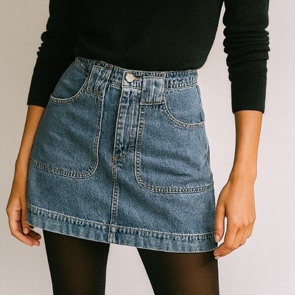 Y2K American Eagle Outfitters Medium Wash Utility Mini Jean Skirt 90s Minimalist - Picture 1 of 7